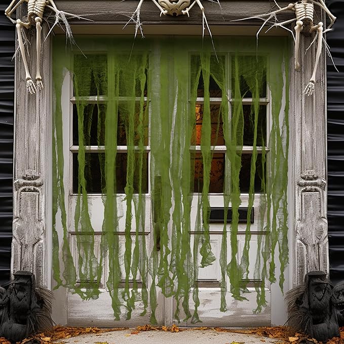 RunNico 2Pcs 85" x 60" Large Halloween Door Curtain Decoration, Green Gauze Doorway Curtain, Creepy Cloth Strip Drape for Halloween Horror Theme Party Haunted House Costume Decor-Ruum Studio Home
