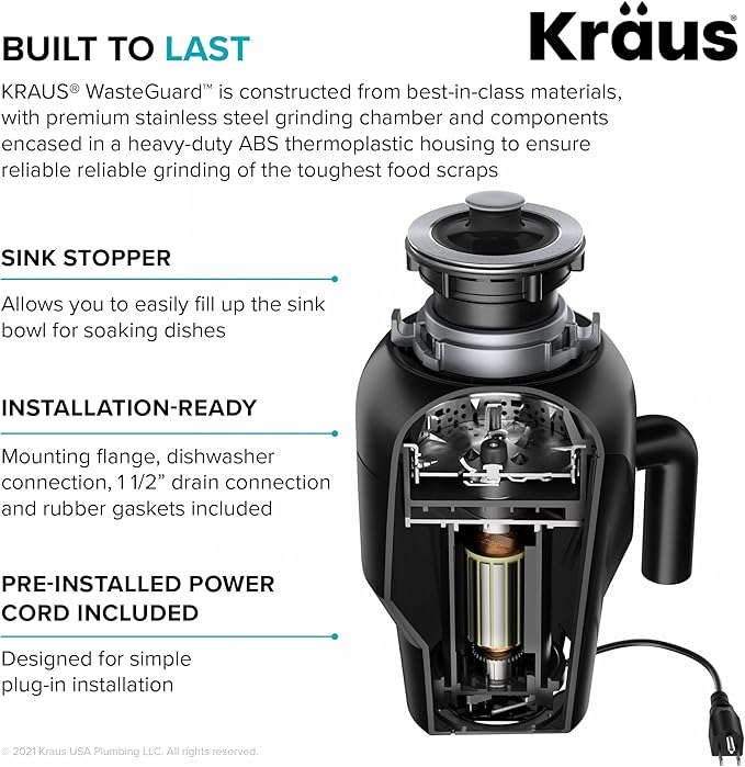 KRAUS WasteGuard 3/4 HP Ultra-Quiet Garbage Disposal with Quick Connect, Kitchen Sink Drain Cover, Power Cord and Flange Included, KWD100-75MBL-Ruum Studio Home