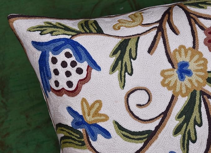 Dahlia Floral Pillow Cover - Cream Flower Pillowcase - Outdoor Cushion - Suzani Farmhouse Chair Throw - Traditional Chair Cushions - Hand Embroidered Wool Size - 18x18-Ruum Studio Home