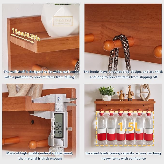 Wall Mounted Hook with Shelf,23.62in Entryway Wall Hanging Shelf,Solid Wood Coat Hooks,for Bathroom, Kitchen,Cherry Wood Color YD-WS0260C-Ruum Studio Home
