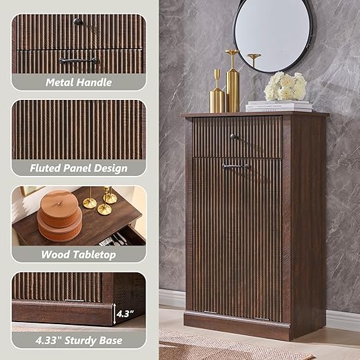 Modern Tilt-Out Trash Can Cabinet, 10 Gallon Fluted Laundry Hamper Cabinet with Drawers, Wooden Hidden Garbage Can Cabinets with Storage Basket, Free Standing for Kitchen and Living Room,Brown-Ruum Studio Home