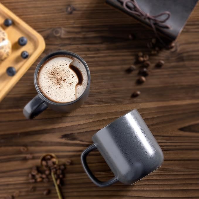 AmorArc 14oz Coffee Mugs Set of 6, Ceramic Coffee Mugs with Large Handle & Wavy Rim for Latte/Hot Cocoa/Tea, Stylish Coffee Cups for Men Women. Oven,Dishwasher&Microwave Safe, Dark Gray-Ruum Studio Home