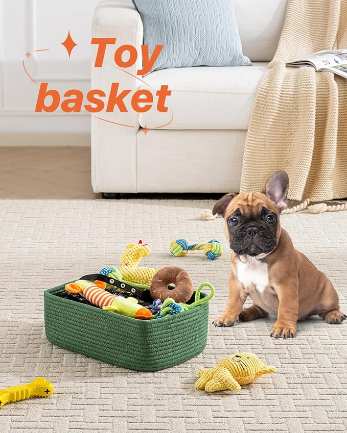 Small Woven Basket, 13.5 x 9.5 x 5 Inches, Storage Basket for Organizing, Cute Small Rope Shelf Closet Cube Storage Bins Baskets for Shelves, Dog Toy Gift Baskets Empty, 3 Pack, Green-Ruum Studio Home