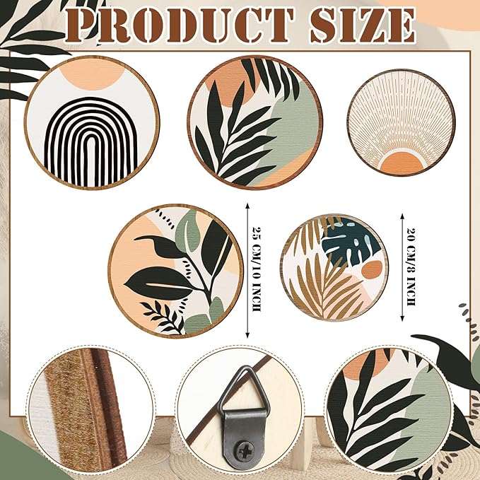 Qunclay 5 Pcs Wall Art Decor Wooden Living Room Wall Decor Bohemian Hanging Farmhouse Geometric 10'' and 8'' Aesthetic Wood Minimalist Posters for Bedroom(Boho, Leaf)-Ruum Studio Home