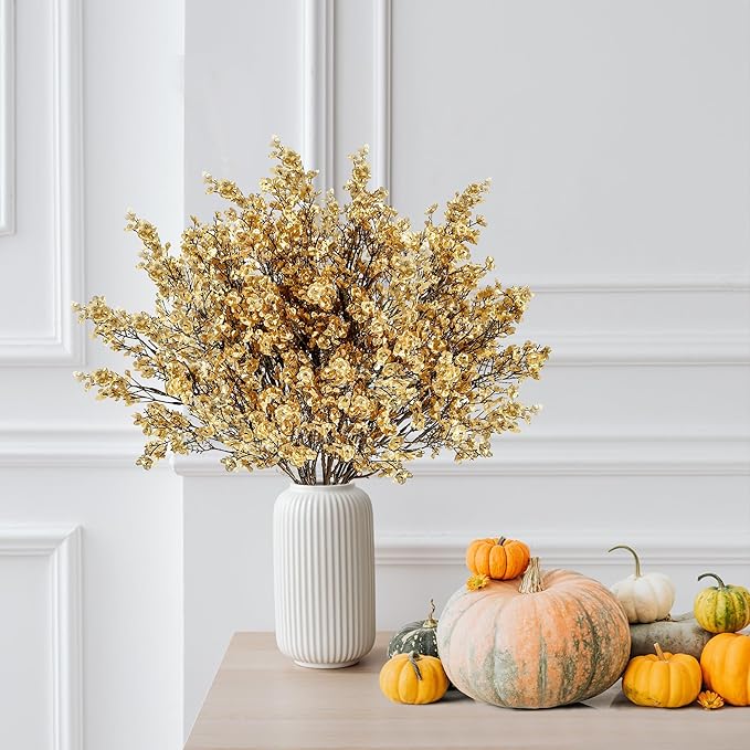 Sggvecsy 15 Pcs Babys Breath Artificial Flowers Gypsophila Bouquets Bulk Real Touch Fake Silk Flowers for Home Wedding DIY Floral Arrangement Kitchen Table Centerpiece Christmas Decoration (Gold)-Ruum Studio Home
