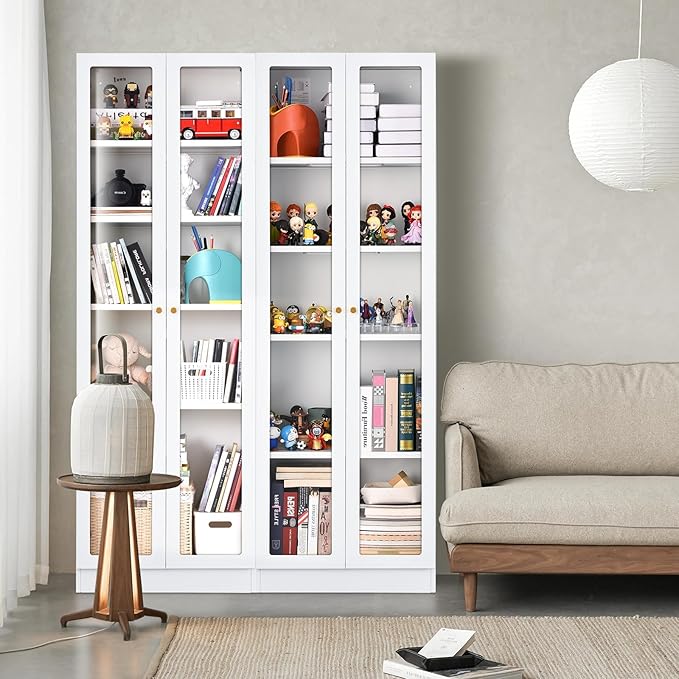 5 Tier Metal Curio Cabinets, Modern Bookshelf Cabinet with 4 Adjustable Shelves, Cabinet Display Case for Home Office, Living Room, Pantry (White-23.54W)-Ruum Studio Home