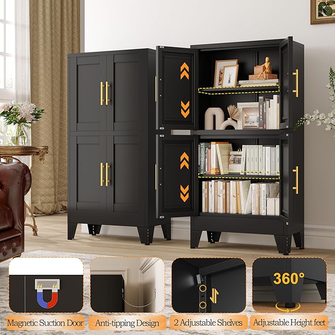 47.25" Metal Storage Cabinet, Black Kitchen Food Storage with 4 Door and 2 Adjustable Shelves, Freestanding Bathroom Cabinet, Pantry for Kitchen Dinning Room, Cupboard-Ruum Studio Home