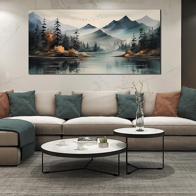 Rustic Wall Art for Living Room Large Size Teal Mountain Tree Landscape Canvas Wall Art for Bedroom Office Decor 29 x 59 Inch-Ruum Studio Home