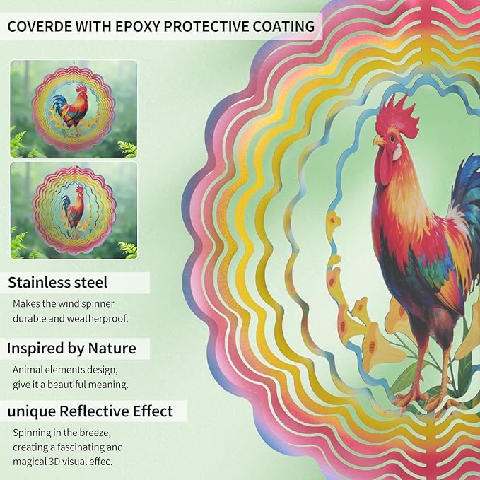 Wind Spinners Outdoor Chicken Decorations - Birthday Gifts for Women Mom Grandma, Rooster Deocr Hanging Wind Spinner 12 inch 3D Wind Sculptures for Garden Decor for Outside, Patio, Yard, Outdoor-Ruum Studio Home