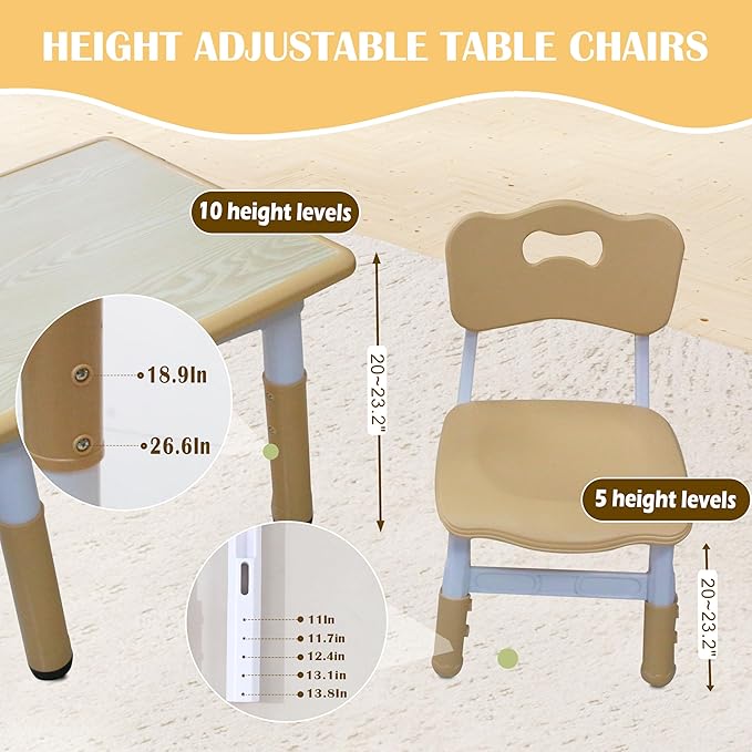 Kids Table and 4 Chairs Set with Graffiti Desktop, Toddler Furniture Set, Non-Slip, Table Children Study Desk, Dining Table, Height Adjustable Desk, Painting Desktop for Kids (31.5x23.6Inch)-Ruum Studio Home