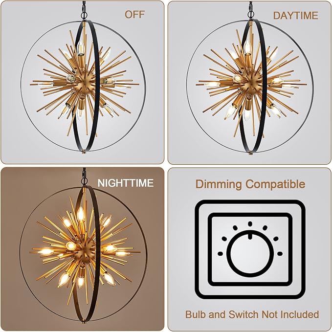 23.2'' Black Gold 12-Light Globe Sputnik Chandelier Modern Industrial Adjustable Hanging Ceiling Firework Pendant Light Fixture for Entryway Foyer Bedroom Dining Living Room Hallway-Ruum Studio Home