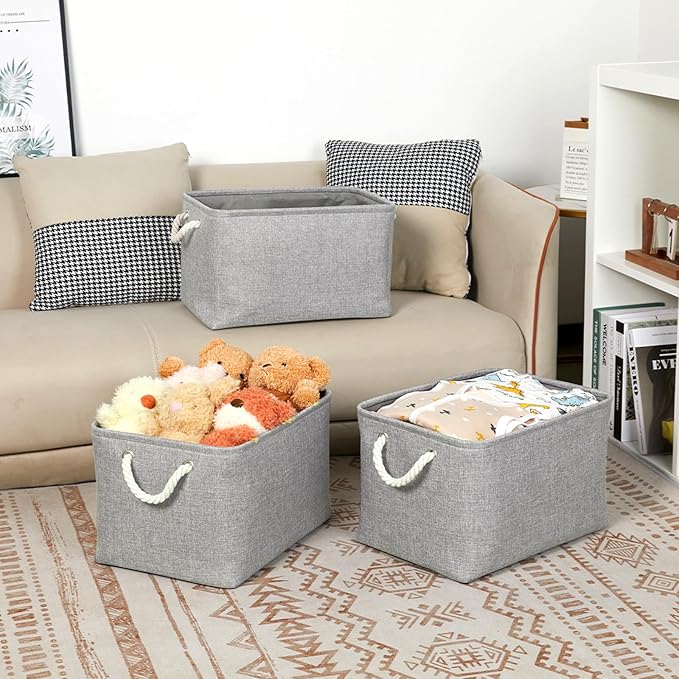 Bidtakay Storage Baskets Gray 3 Pack Shelf Baskets Collapsible Storage Bins for Clothes 15X11X9.5Inch Decorative Baskets with Handles Large Baskets for Organizing Closet Home Storage (Grey)-Ruum Studio Home