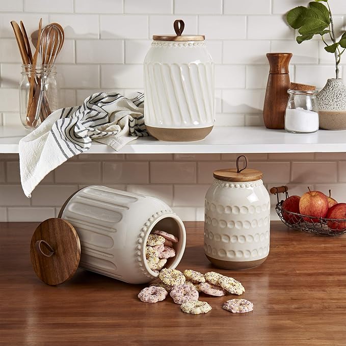 TTU Tabletops Gallery Ceramic Canister Collection- Stoneware Designed Kitchen Storage Embossed Acacia Wood White Set, 3 Piece Embossed Ziggy White Canister Set-Ruum Studio Home