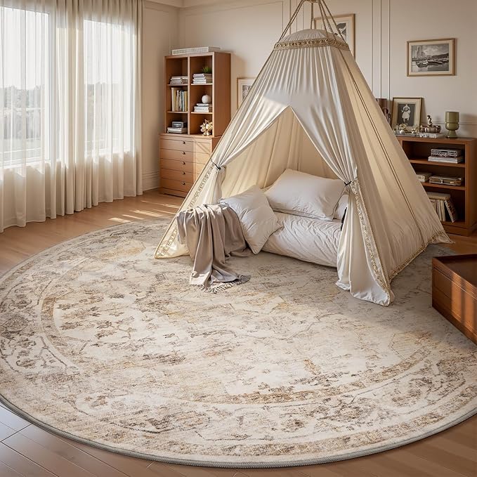 AMOAMI-6FT Round Rug-Rugs for Living Room-Vintage Soft Beige Rugs for Bedroom-Non Slip Circle Rug-Machine Washable Rug for Dining Room Living Room Bedroom Office Under Table-Ruum Studio Home