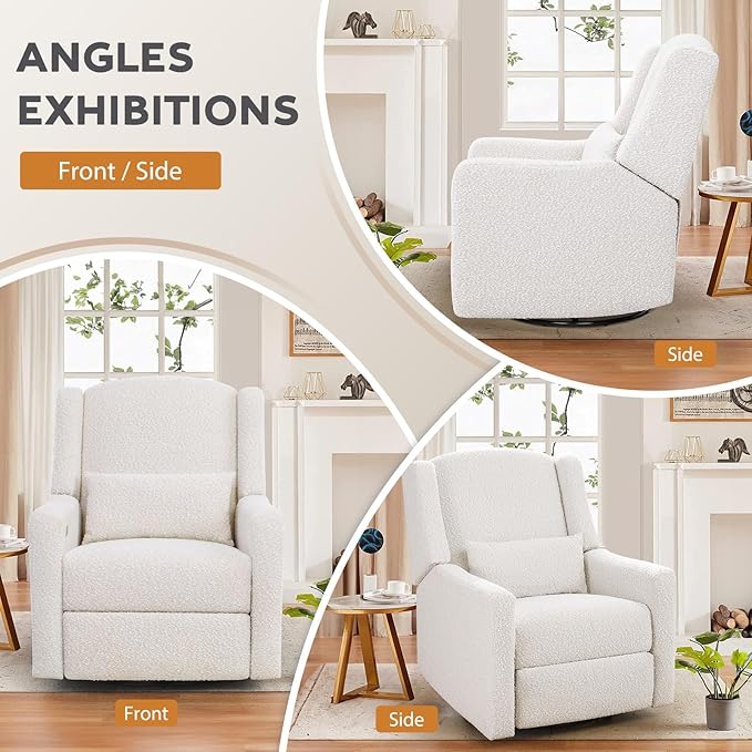 Power Recliner Chair Swivel Glider, Large Rocker Recliner w/USB Charging Port, Boucle Upholstered Swivel Rocker Glider Recliner for Nursery,Bedroom,Living Room, 1PC, Cream-Ruum Studio Home
