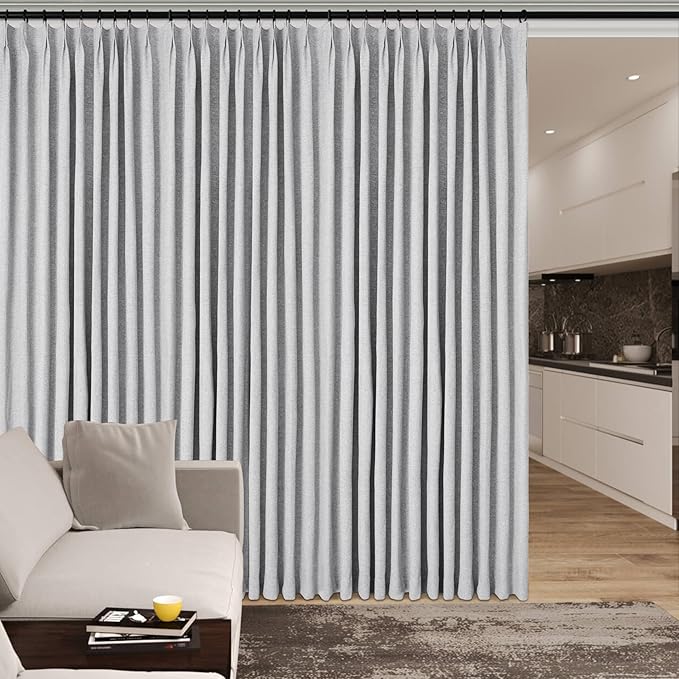 100" W x 96" L Faux Linen Room Divider Curtains, Full Blackout Pinch Pleated Drapes for Traverse Rod, Bedroom Divider Privacy Drapery with Hooks for Ceiling Track, 1 Panel, Silver Grey-Ruum Studio Home