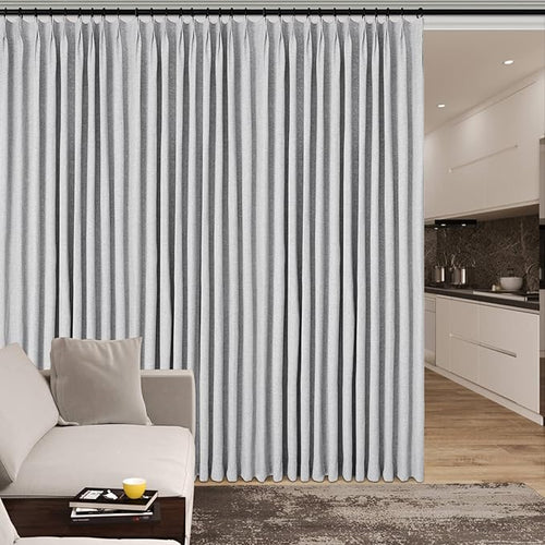 100" W x 96" L Faux Linen Room Divider Curtains, Full Blackout Pinch Pleated Drapes for Traverse Rod, Bedroom Divider Privacy Drapery with Hooks for Ceiling Track, 1 Panel, Silver Grey-Ruum Studio Home