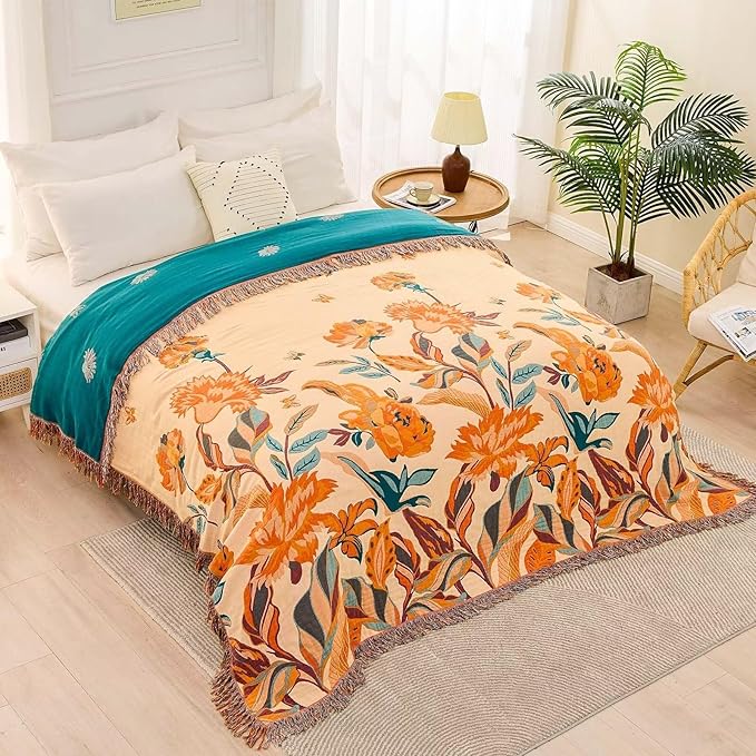 Boho Throw Blanket for Bed, 100% Cotton Soft Rustic Quilt Fall Blanket, 80" 90" Floral Printed Farmhouse Decor Bed Blankets, All Season Rustic Reversible Bohemian Throw Quilt-Ruum Studio Home