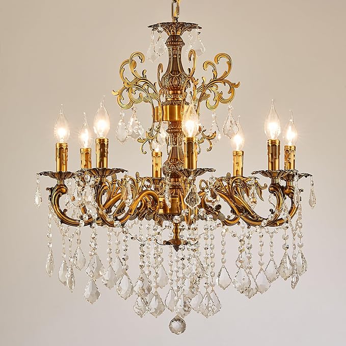 Vintage 8 Arms Crystal Chandelier Candle Light Fixture for Dining Room Living Room Bedroom Hallway Entryway Antique Gold Finish (27"-8 Lights)-Ruum Studio Home