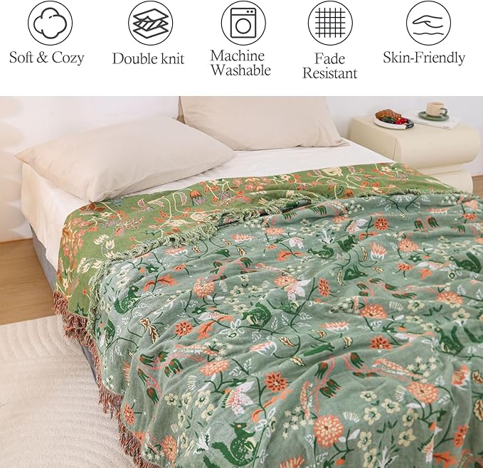 Snycler Boho Throw Blanket for Bed - 100% Cotton Ultra Soft Rustic Quilt Green Blanket - Floral Printed Farmhouse Decor Bed Blankets, 80"×90" All Season Rustic Throw for Sofa Couch Chair-Ruum Studio Home