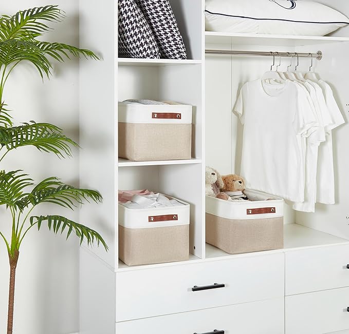 DECOMOMO Storage Bins Fabric Storage Baskets for Shelves, Linen Closet Organization Toys Nursery (Beige and White, Large - 1 Pack)-Ruum Studio Home