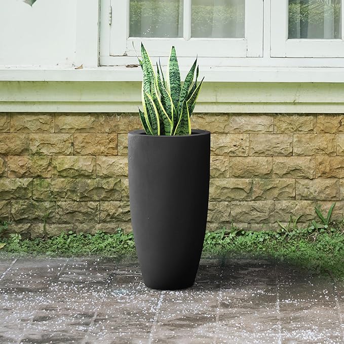Kante 23.6" H Black Finish Concrete Tall Planters Large Outdoor Indoor Decorative Plant Pots with Drainage Hole and Rubber Plug, Modern Tapered Style for Home and Garden-Ruum Studio Home