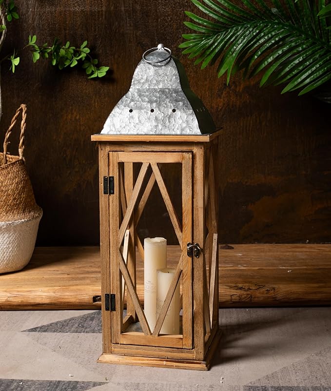 Large Farmhouse Wooden Metal Lantern Set of 2, Rustic Decorative Floor Candle Lanterns, Indoor/Outdoor Hanging Lanterns for Home Decor (No Glass)-Ruum Studio Home