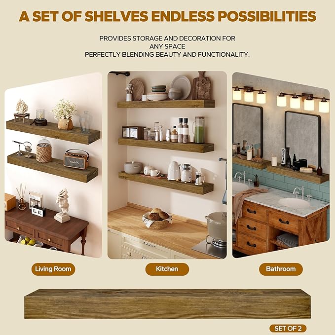 Floating Shelves 3 inch Thick for Wall Set of 2,Solid Pine Wood Wall Mount Shelf for Kitchen Living Room Bedroom Bathroom,8" D x 60" L x 3" H-Black Walnut-Ruum Studio Home