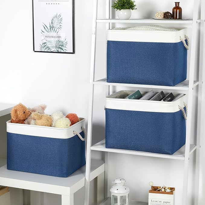 Bidtakay Large Storage Baskets for Shelves 3 Pack Fabric Storage Bins for Organizing Navy Blue Decorative Baskets Linen Collapsible Organizer for Closet-Ruum Studio Home
