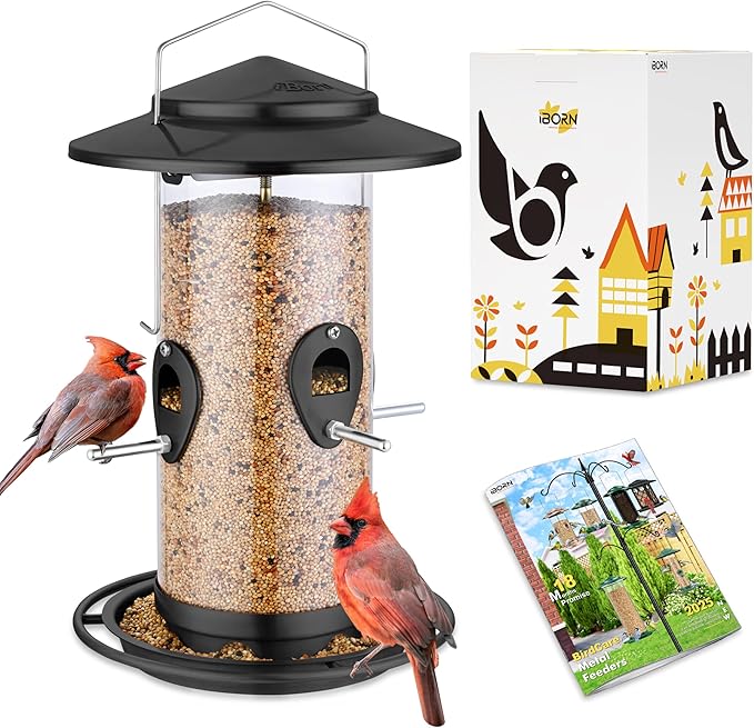 iBorn Metal Bird Feeder for Outside Hanging,Wild Bird Feeders for Cardinal,18cm Large Roof&Tray Black 10 Port(Seed is not Included)-Ruum Studio Home
