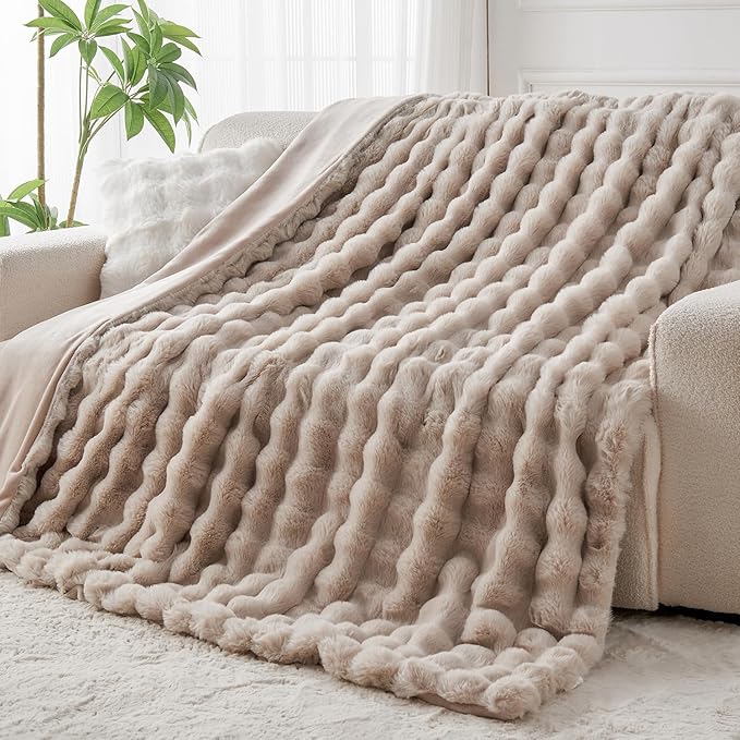 Lotus Karen Faux Fur Throw Blanket Linen - 800 GSM Bubble Rabbit Fluff Blanket for Couch Bed Sofa,Softest Fluffy Fuzzy Cozy Blanket,Thick Furry Plush Shaggy Warm Blankets for Women,60x80 Inches-Ruum Studio Home