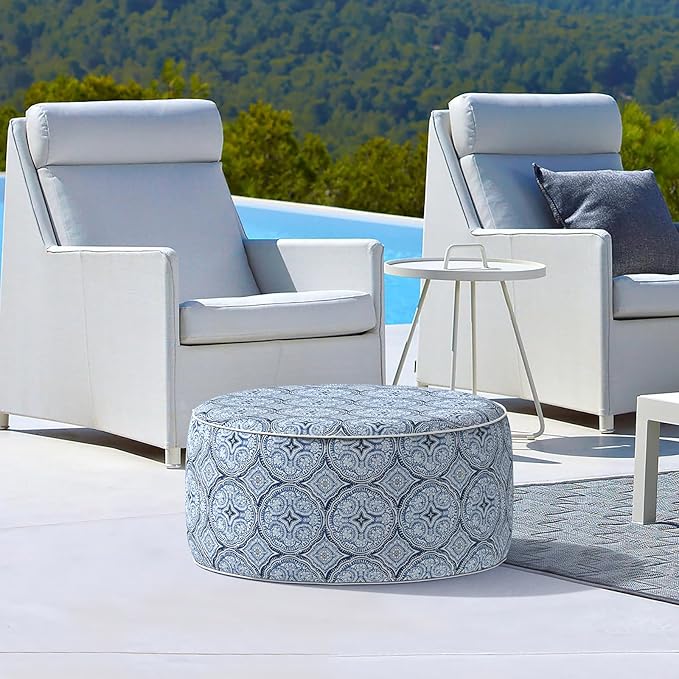 LVTXIII Outdoor Inflatable Ottoman, Fade-Resistant Round Footrest Stool D31”x H14”, Portable Patio Pouf for Garden Camping or Home Use, Medallion Blue-Ruum Studio Home