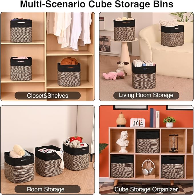 11 Inch Cube Storage Bins, Storage Cube Organizer Bins, Woven Cotton Rope Baskets for Storage, Storage Basket for Organizing Shelves, Square Baskets for Toys Nursery, Black & Jute (Pack of 3)-Ruum Studio Home