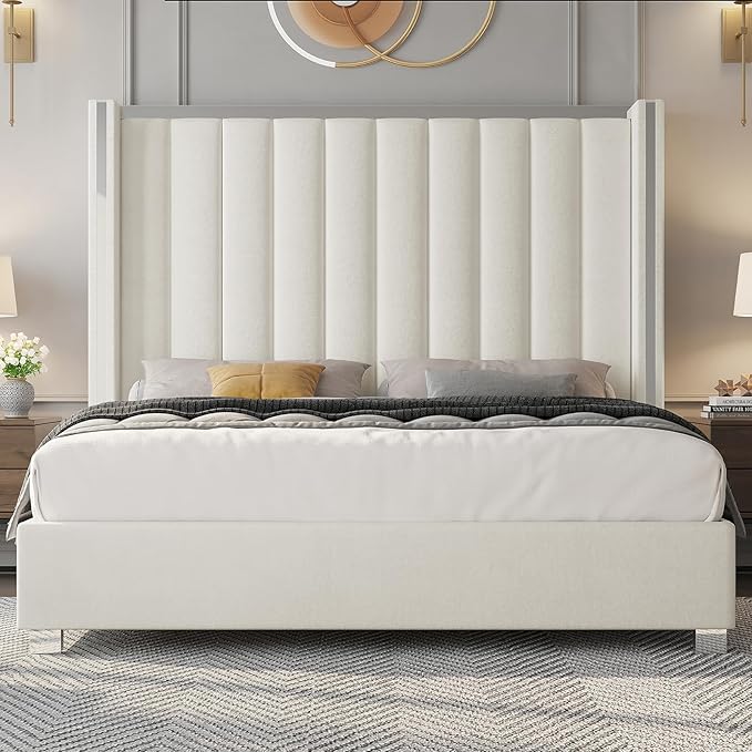 Jocisland King Size Bed Frame with 58" Tall Headboard, Platform Velvet Upholstered Bed with Channel Tufted Wingback Headboard and Plating Trim, No Box Spring Needed, Cream-Ruum Studio Home