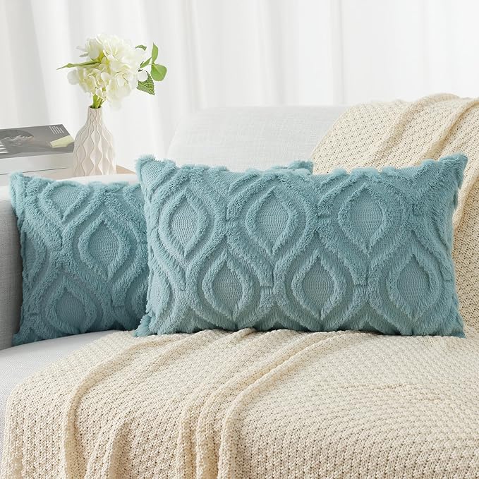 decorUhome Fall Throw Pillow Covers 12x20 Inch Set of 2, Soft Plush Decorative Faux Fur Aqua Solid Couch Pillow Covers, Accent Farmhouse Neutral Lumbar Euro Pillow Cases for Sofa Bed Living Room-Ruum Studio Home