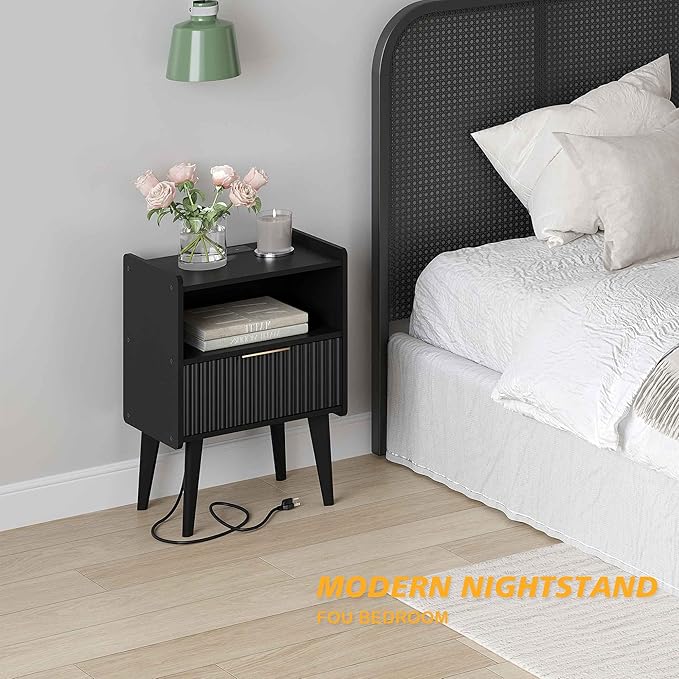 Fluted Nightstand with Charging Station, Modern Bedside Table with Drawer,Black Nightstand with Solid Wood Legs, End Table,Side Table for Living Room,Bedroom Black CTG57BKE-Ruum Studio Home