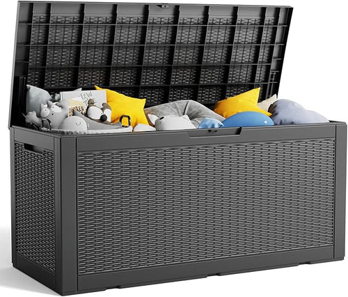 100 Gallon Resin Deck Box, Lockable Patio Outdoor Storage Box for Furniture, Garden Tools and Tools Storage, Waterproof Outside Storage Boxes - Black-Ruum Studio Home
