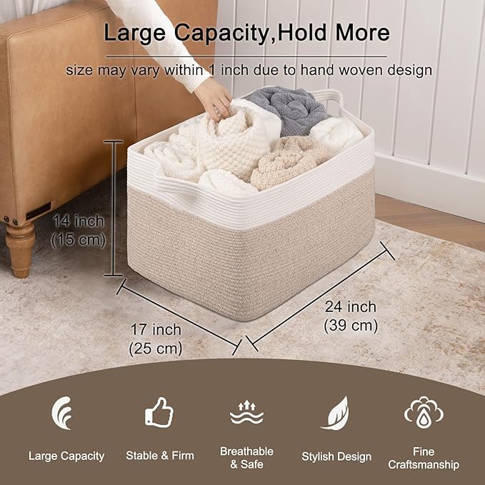 OIAHOMY 95L Blanket Basket, 24”x17”x14”, Large Woven Basket for Storage, Nursery Cotton Rope Basket with Handle, Living Room, Nursery, Bedroom,Toy Storage Organizer Bins, Brown and White-Ruum Studio Home