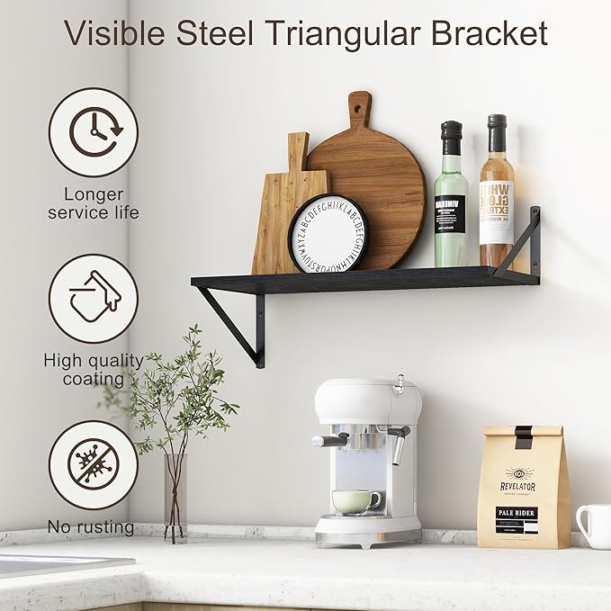 Deep Black Floating Shelves for Wall, 24"W x 10"D Wall Shelves Set of 2, 10 Inch Deep Floating Shelf with Brackets, Wide Display & Storage Shelves for Books, Living Room, Kitchen, Bathroom-Ruum Studio Home