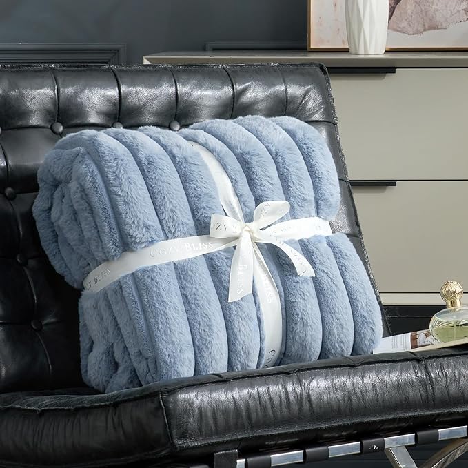 Cozy Bliss Faux Fur Throw Blanket for Couch, Cozy Warm Plush Striped Blanket for Sofa Bedroom Living Room,60 * 80 Inches Light Blue-Ruum Studio Home