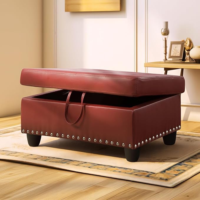 Ottoman Rectangular Storage Ottoman Bench, Faux Leather Footrest, Coffee Table, Stool Footstool with Hinged Lid for Living Room, Bedroom, Entryway, Red, 28.5"x19"x17.5"-Ruum Studio Home