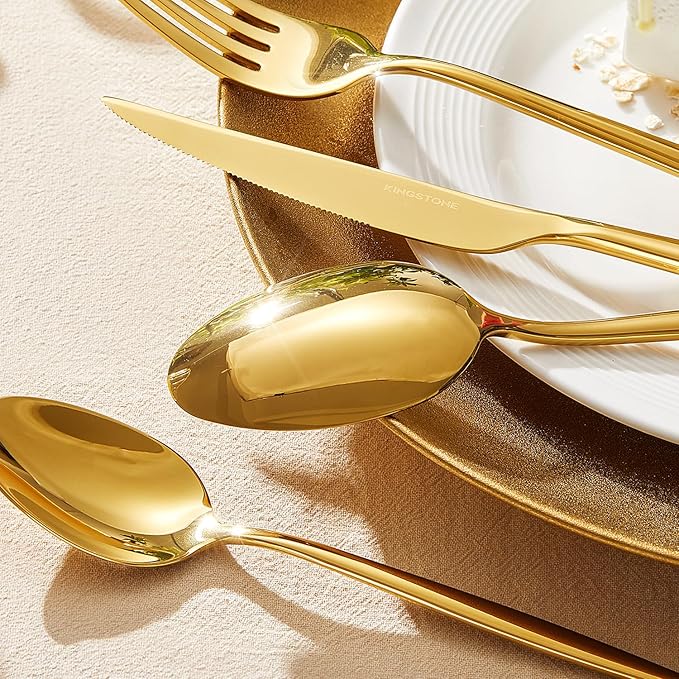 KINGSTONE Silverware Set, 40-Piece Flatware Set Cutlery Set Premium 18/10 Stainless Steel, Tableware Include Forks Knives Spoons for Home Kitchen Restaurant Wedding, Dishwasher Safe, Gold-Ruum Studio Home