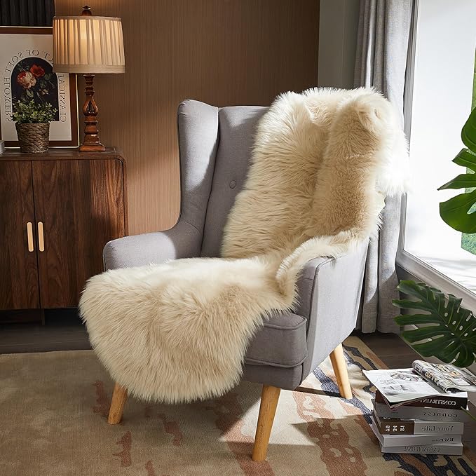 AMTOVO Faux Sheepskin Rug, Beige Ultra Soft Fluffy Shag Area Rug, 2 x 6 ft Faux Fur Rug for Bedroom Sofa Throw Cushion Room Decor, Sheepskin-Ruum Studio Home