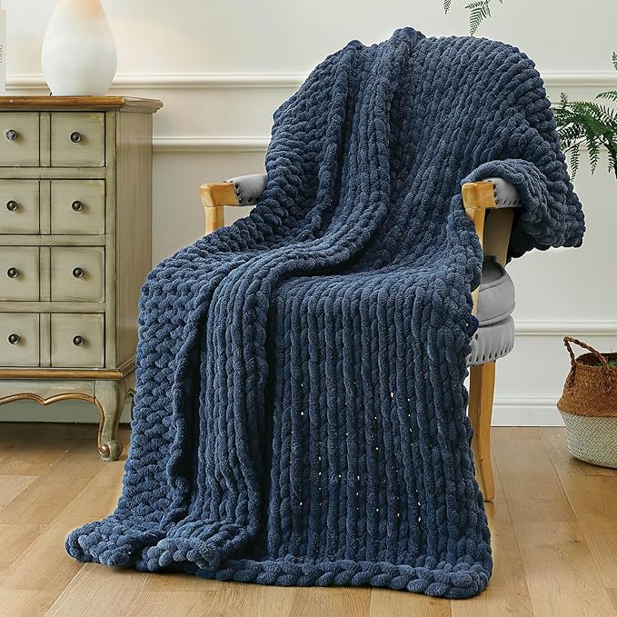 Esterra Chunky Knit Throw Blanket Newly Upgraded Heavy Tighter Version, Handmade Chenille Throw Super Soft, Thick Yarn Cable Knit Crochet Throw Blanket for Couch Bed Sofa, 50"x60", Navy Blue-Ruum Studio Home