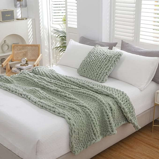 WESHIONGOO Chunky Knit Blanket Throw 50"×60" Knitted Throw Blankets for Couch Bed Fluffy Soft Blanket with Jumbo Chenille Yarn Thick 100% Handmade (Sage Green)-Ruum Studio Home