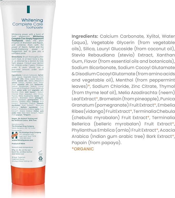 Himalaya Botanique Whitening Complete Care Toothpaste, Peppermint Flavor - Whitening Toothpaste Without Fluoride for Brighter Teeth & Fresh Breath - Vegan, Gluten Free, 5.29 oz-Ruum Studio Home