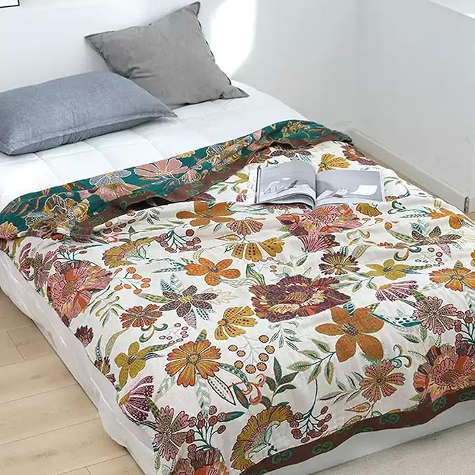 Boho Throw Blanket for Couch Sofa Bed, 100% Cotton Woven Quilt with Tassel 60”x80”, Super Soft Muslin Blanket with Floral Printed, Decorative Reversible Bed Blanket/Cover for All Seasons-Ruum Studio Home