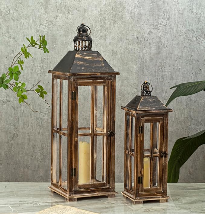 Large Farmhouse Wooden Decorative Lantern Set of 2, Rustic Distressed Brown Burnt Wood Floor Candle Lanterns, Indoor/Outdoor Hanging Lanterns for Home Decor (No Glass)-Ruum Studio Home