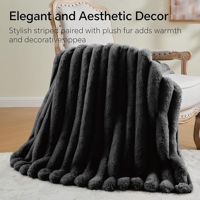 BEDELITE Faux Fur Throw Blanket for Couch, Soft and Cozy Luxurious 3D Striped Fluffy Blanket, 770GSM Thick Warm Plush Fuzzy Faux Rabbit Fur Blanket for Women Gift (Black, 50"x 60")-Ruum Studio Home
