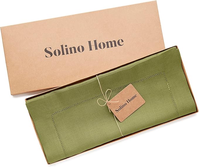 Solino Home Linen Avocado Green Hemstitch Table Runner 60 Inches - 100% Pure Linen Small Table Runner 14 x 60 Inch Ideal for Dresser and Coffee Tables - Classic Hemstitch - Fall, Autumn, Thanksgiving-Ruum Studio Home